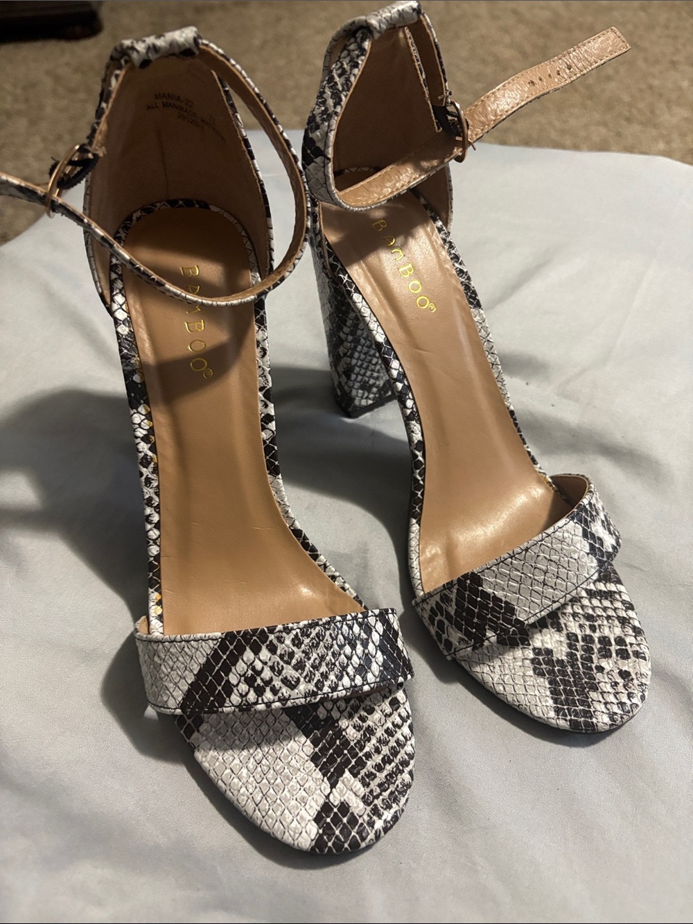 BAMBOO Snake-Print Ankle Strap Block Heels in Black and White